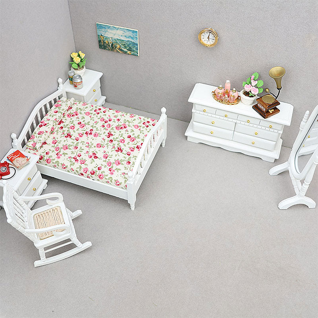 1/12 Scale Mini Bedroom Furniture Set for Miniature Scene Models Dollhouse Accessories DIY Christmas Gift Assembly 1/12 Scale Mini Bedroom Furniture Set for Miniature Scene Models Dollhouse Accessories DIY Christmas Gift Assembly
