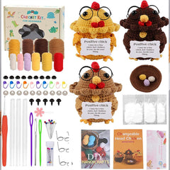 DIY Crochet Kit with English Instructions & Video Tutorial, Home Decor Craft Gift (3 Interchangeable Head Chickens)