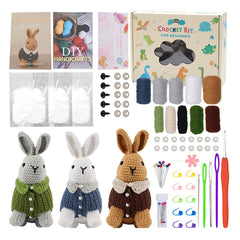 DIY Crochet Kit with English Instructions & Video Tutorial, Home Decor Craft Gift (3 Rabbits)