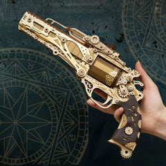 Revolver model Wooden assembly DIY Handcrafted 3D Puzzle Diorama Toy Compatible with Wooden Bullets