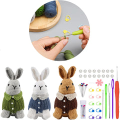 DIY Crochet Kit with English Instructions & Video Tutorial, Home Decor Craft Gift (3 Rabbits)
