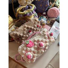 'Bread & Roses' Strawberry Cake Design Crochet Bag Kit, Bobble Stitch Pattern DIY Shoulder Bag
