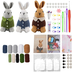 DIY Crochet Kit with English Instructions & Video Tutorial, Home Decor Craft Gift (3 Rabbits)