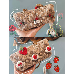 'Bread & Roses' Strawberry Cake Design Crochet Bag Kit, Bobble Stitch Pattern DIY Shoulder Bag