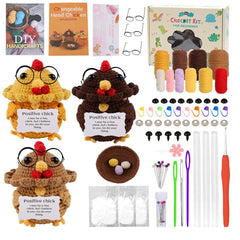 DIY Crochet Kit with English Instructions & Video Tutorial, Home Decor Craft Gift (3 Interchangeable Head Chickens)