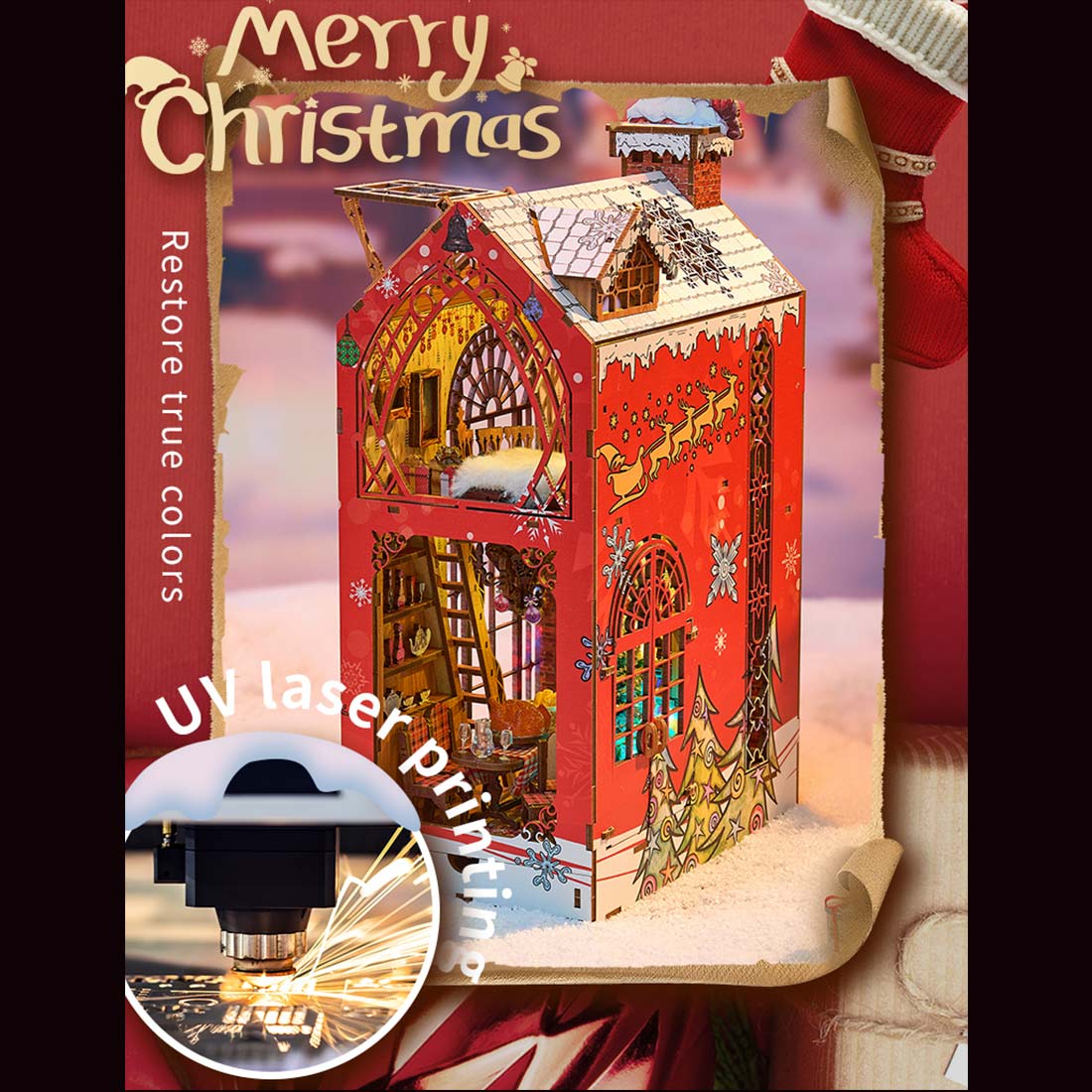 Snowy Night Serenade Booknook Christmas House Model Kit DIY 3D Wooden Puzzle Assembly Toy Creative Gift  (200+PCS）