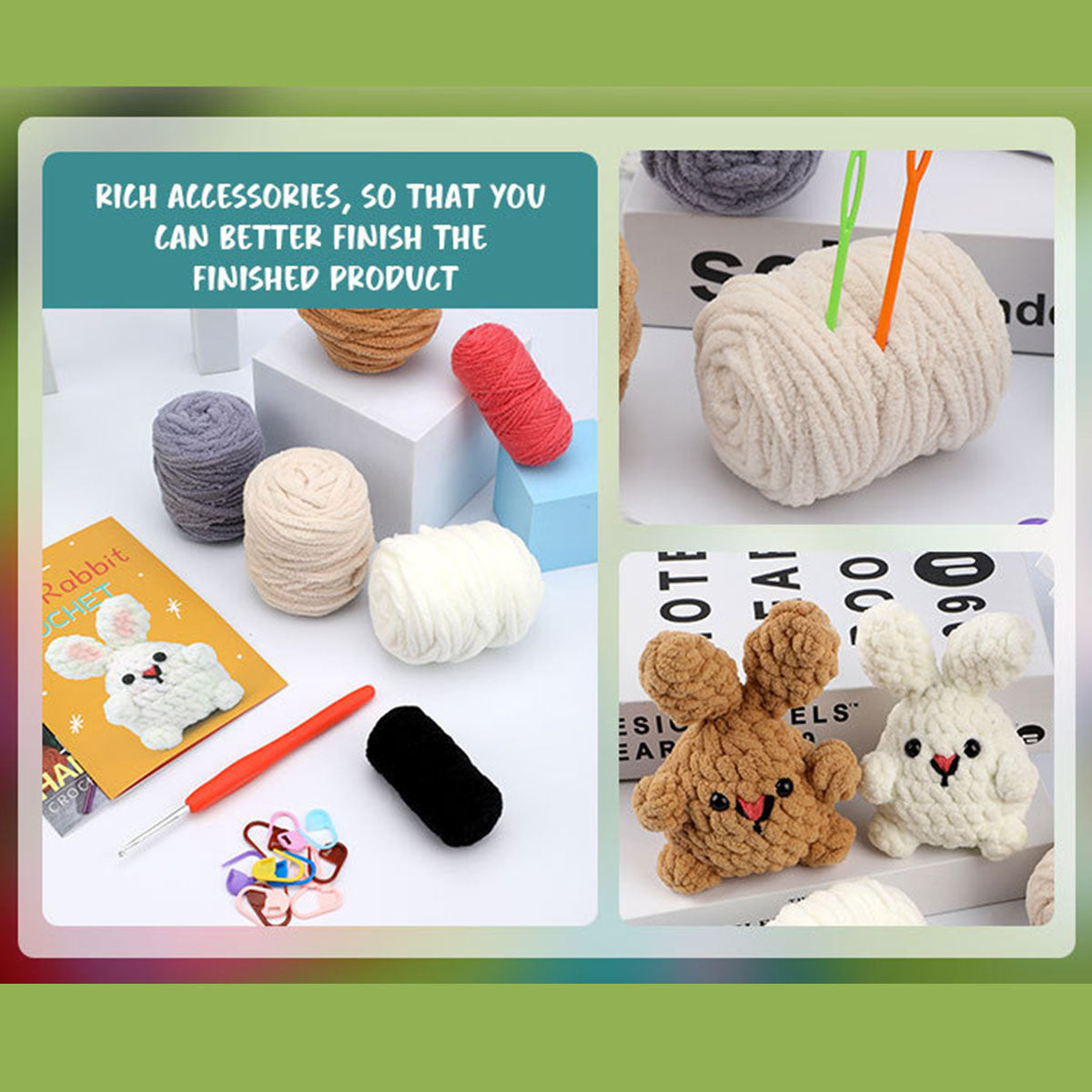 DIY Crochet Kit with English Instructions & Video Tutorial, Home Decor Craft Gift (2 Adorable Bunnies)
