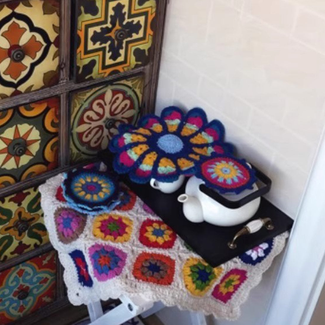 Peacock-Fan Coaster DIY Kit, Japanese-style Crochet Tea Coaster & Hot Pad, Retro Trivet with Tutorial