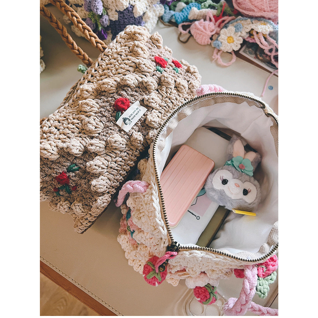 'Bread & Roses' Strawberry Cake Design Crochet Bag Kit, Bobble Stitch Pattern DIY Shoulder Bag