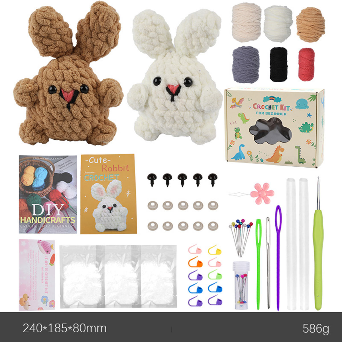 DIY Crochet Kit with English Instructions & Video Tutorial, Home Decor Craft Gift (2 Adorable Bunnies)