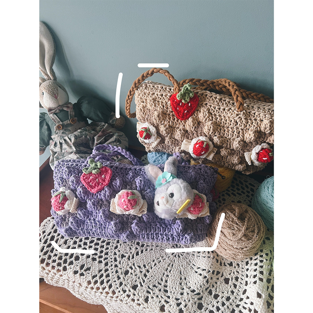 'Bread & Roses' Strawberry Cake Design Crochet Bag Kit, Bobble Stitch Pattern DIY Shoulder Bag