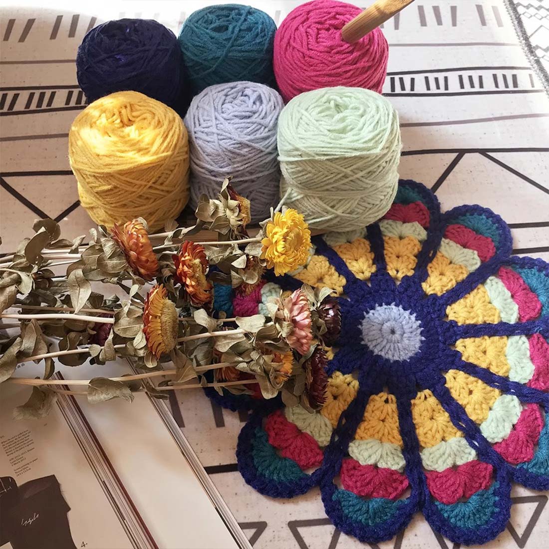 Peacock-Fan Coaster DIY Kit, Japanese-style Crochet Tea Coaster & Hot Pad, Retro Trivet with Tutorial