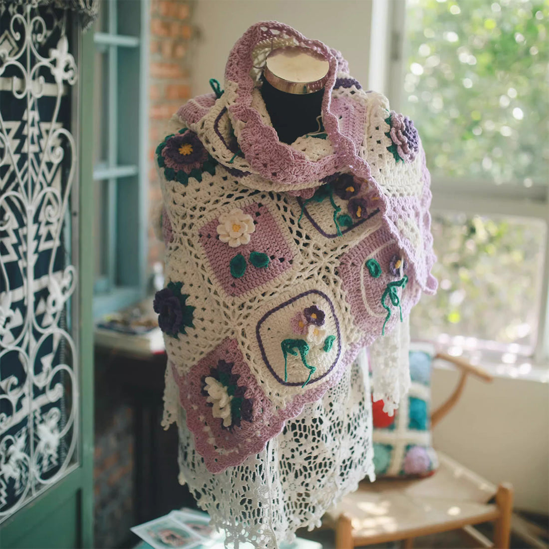 Liangben Handmade Original Wisteria Flower Crochet Shawl Kit (Cotton Yarn)