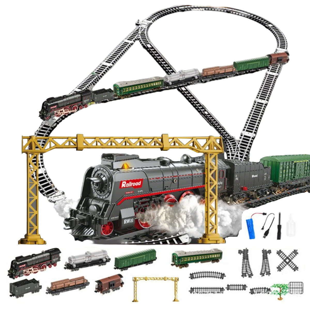 Electric RC Christmas Train Set Model with Carriage and Long Track, Gift for Boys and Girls (Remote-Control Version)