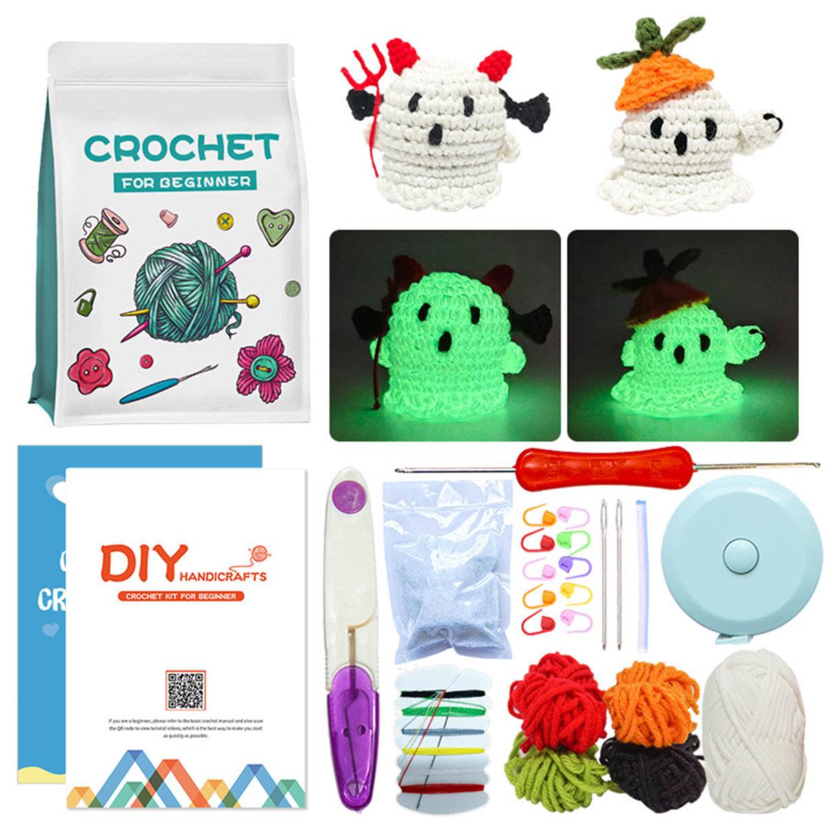DIY Crochet Kit for Yarn Ornaments - Complete Set with Accessories & Video Tutorial (Glow in Dark Halloween Toy)